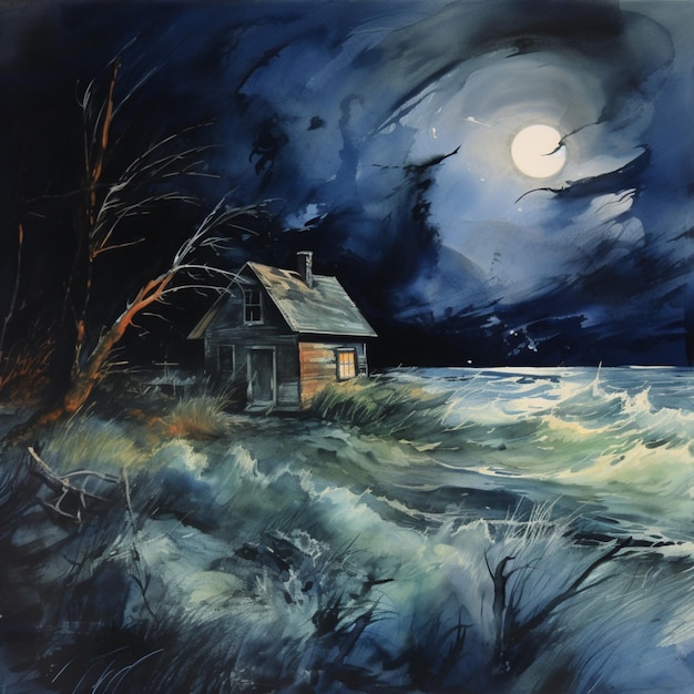 Peinture à l'aquarelle nuit tourmentée et maison ciel étoilé image de fond Art généré par l'IA