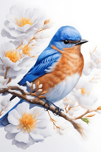 Peinture à l'aquarelle d'un oiseau perché sur une branche avec des fleurs Peinture à empâtement épais