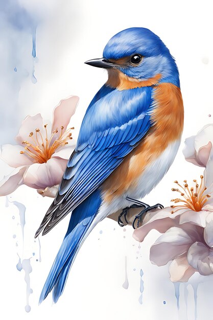 Peinture à l'aquarelle d'un oiseau perché sur une branche avec des fleurs Peinture à empâtement épais