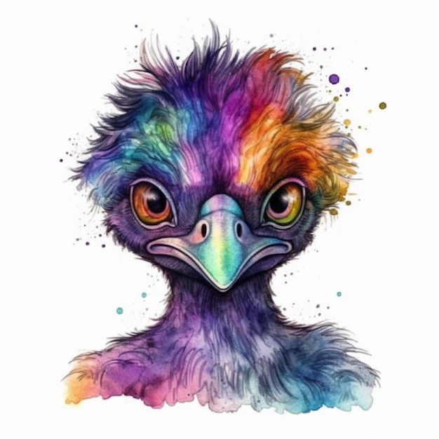 Peinture à l'aquarelle d'un oiseau avec une tête de couleur arc-en-ciel et de grands yeux.