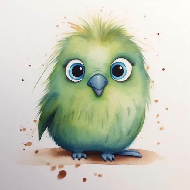 Une peinture à l'aquarelle d'un oiseau vert aux yeux bleus et à la torsion verte.