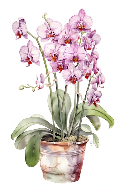 Photo peinture à l'aquarelle d'orchidées dans un pot art esthétique pour les intérieurs de maison ai générative