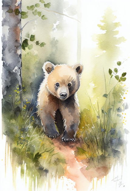 Peinture à l'aquarelle d'un ours dans la forêt