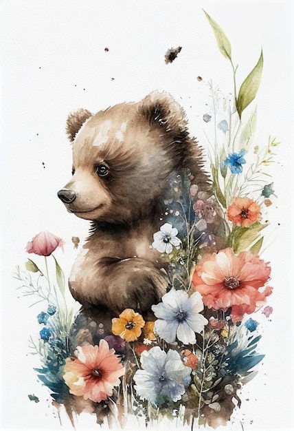 Une peinture à l'aquarelle d'un ours et de fleurs