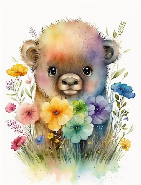 Photo peinture à l'aquarelle d'un ourson avec des fleurs