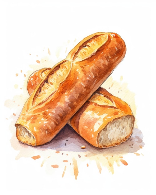 Une peinture à l'aquarelle d'un pain baguette