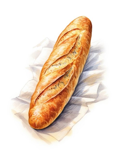 Une peinture à l'aquarelle d'un pain baguette