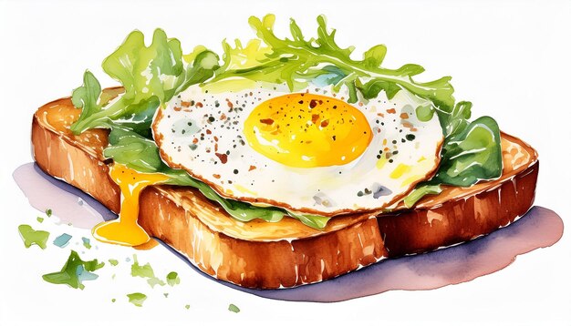 Photo peinture à l'aquarelle de pain grillé avec des œufs frits nourriture rapide savoureuse repas délicieux art dessiné à la main