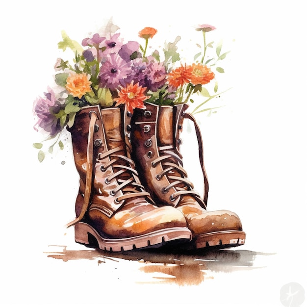 Une peinture à l'aquarelle d'une paire de bottes avec des fleurs.