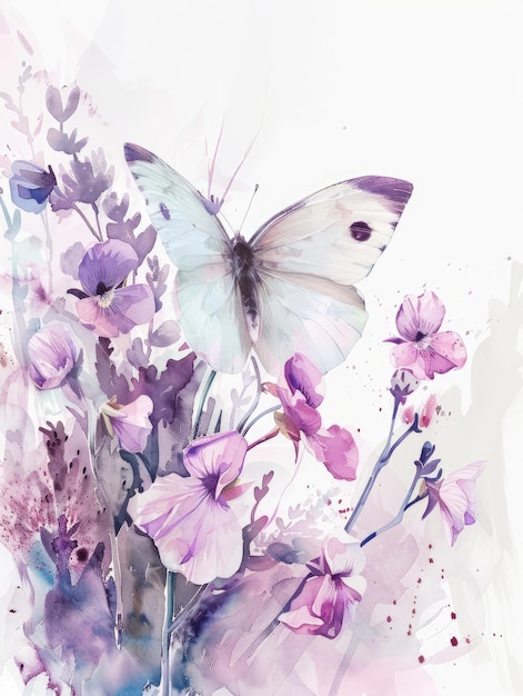 une peinture à l'aquarelle d'un papillon et de fleurs