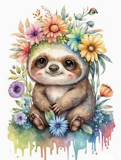 Une peinture à l'aquarelle d'un paresseux mignon avec des fleurs.