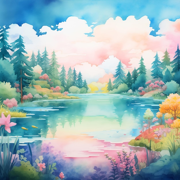 Photo peinture à l'aquarelle pastel du lac et du ciel lumineux