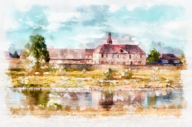 Peinture à l'aquarelle paysage de banlieue avec rivière Imitation d'art numérique moderne peinte à la main avec un colorant aquarells