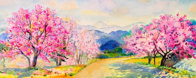 Peinture aquarelle paysage de cerisiers sauvages de l'Himalaya