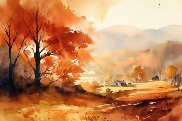 Peinture à l'aquarelle d'un paysage avec une maison et des arbres
