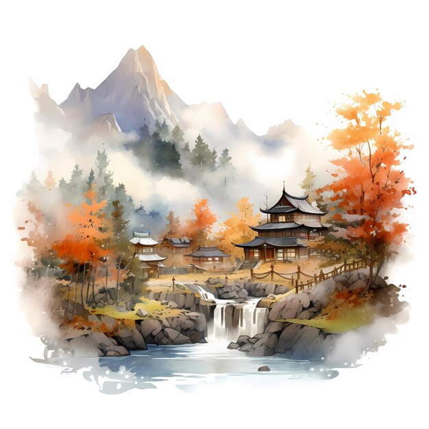 Une peinture à l'aquarelle d'un paysage de montagne avec une cascade et une montagne en arrière-plan.