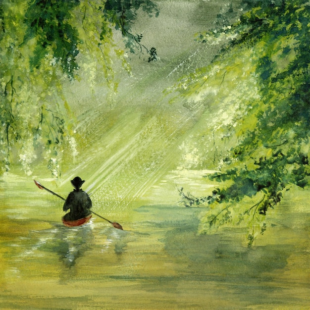 Peinture d'aquarelle paysage de pêche du matin le dessin est adapté pour la décoration intérieure et le design