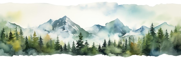 Peinture à l'aquarelle de paysage de sommet de montagne de belles montagnes avec bannière panoramique de forêt