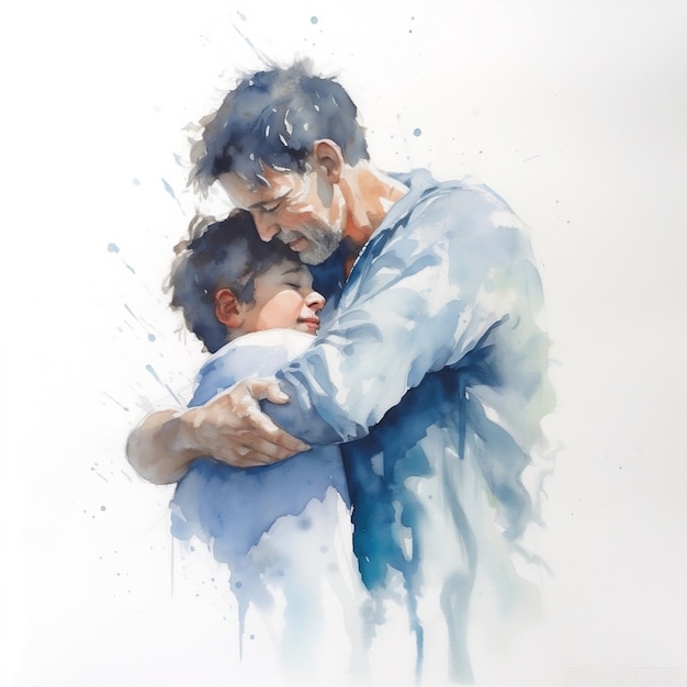 peinture à l'aquarelle un père embrasse joyeusement son fils