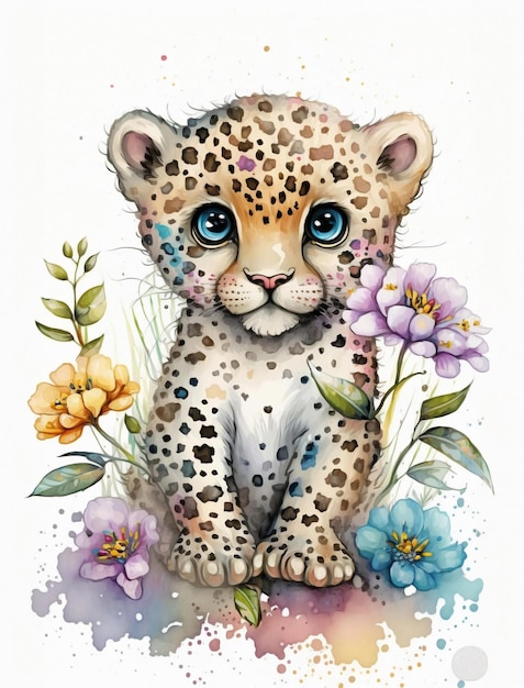 Une peinture à l'aquarelle d'un petit léopard avec des fleurs dessus.