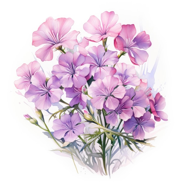 Peinture à l'aquarelle de phlox sur fond blanc