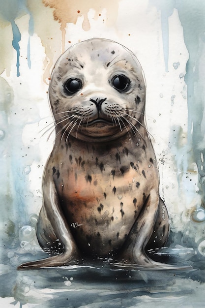 Une peinture à l'aquarelle d'un phoque aux yeux noirs se trouve dans un bassin d'eau.