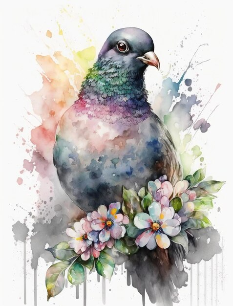 Une peinture à l'aquarelle d'un pigeon avec des fleurs.