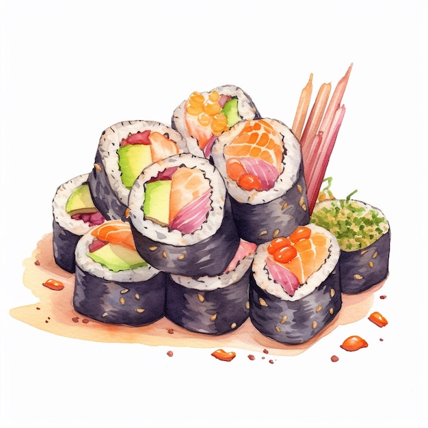 Peinture à l'aquarelle d'une pile de sushis