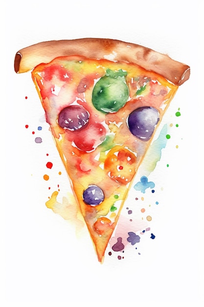 Une peinture à l'aquarelle d'une pizza avec différentes garnitures.