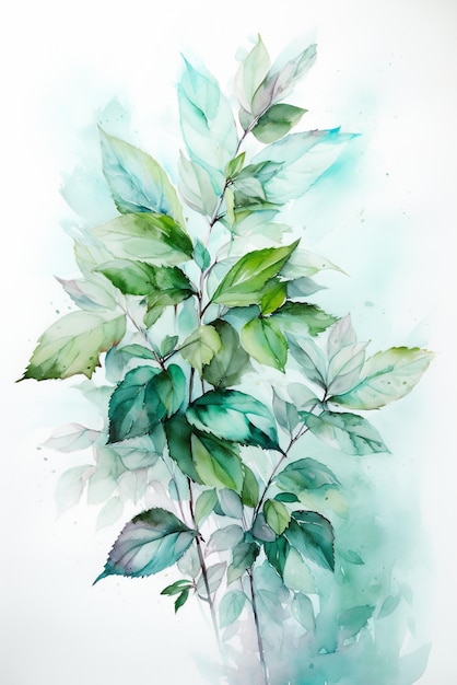 Une peinture à l'aquarelle d'une plante aux feuilles vertes.