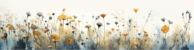 Une peinture à l'aquarelle de plusieurs champs de fleurs paysages minimalistes doux