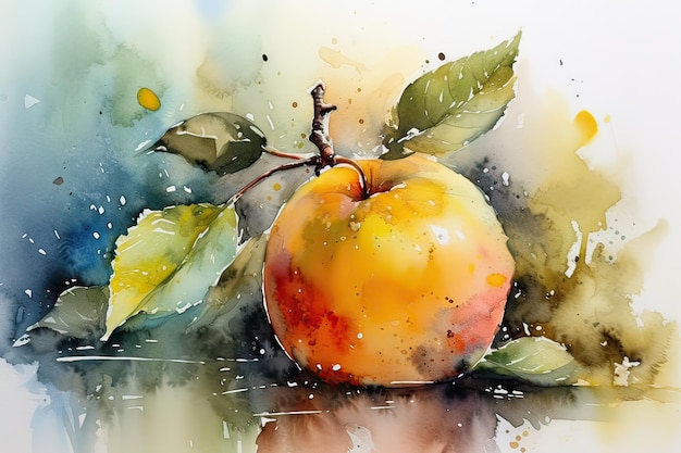 Une peinture à l'aquarelle d'une pomme jaune avec des feuilles dessus.