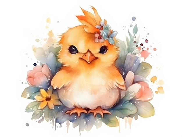 Peinture à l'aquarelle d'un poulet avec des fleurs et un arc sur la tête.