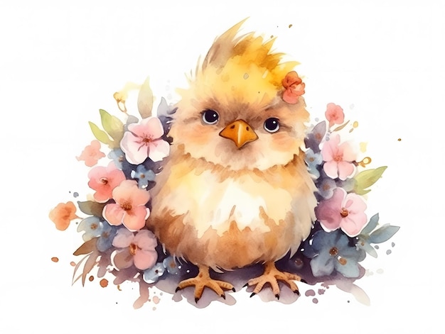 Une peinture à l'aquarelle d'un poulet avec des fleurs.