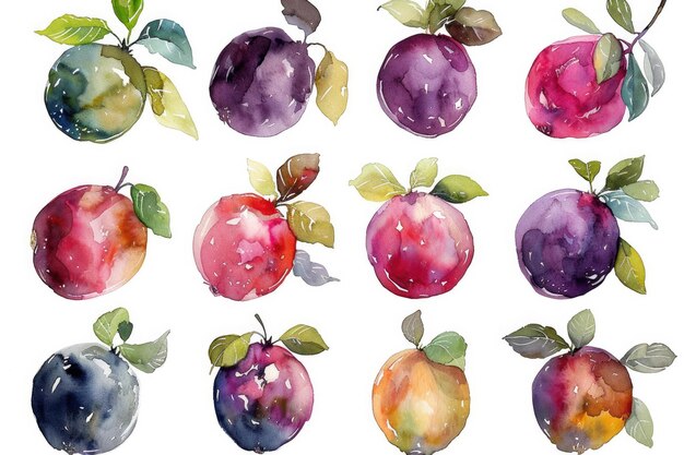 Photo une peinture à l'aquarelle de prunes et de feuilles