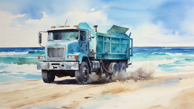 Peinture à l'aquarelle réaliste d'un camion de décharge bleu sur la plage