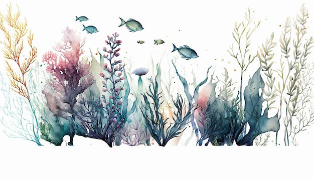 Une peinture à l'aquarelle d'un récif avec des poissons et des algues.