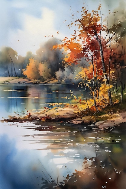 Peinture à l'aquarelle d'une rivière avec des arbres en automne