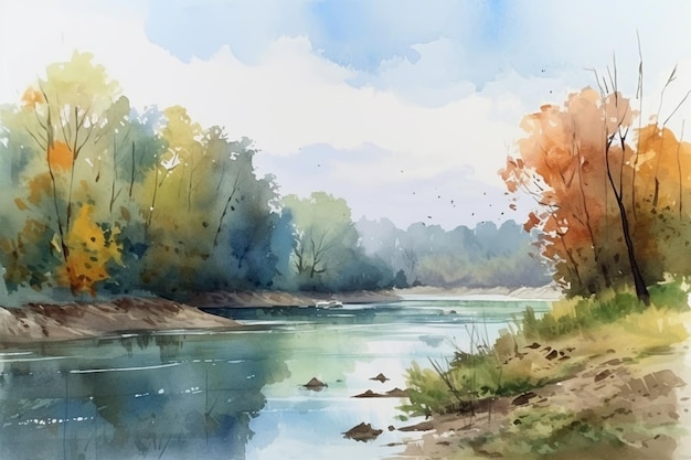 Peinture à l'aquarelle d'une rivière avec des arbres et un ciel bleu