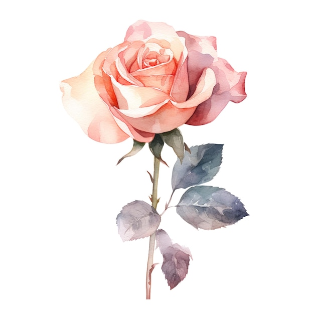 Une peinture à l'aquarelle d'une rose avec des feuilles dessus.