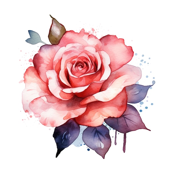 Peinture à l'aquarelle d'une rose rouge avec des feuilles bleues et le mot amour dessus.