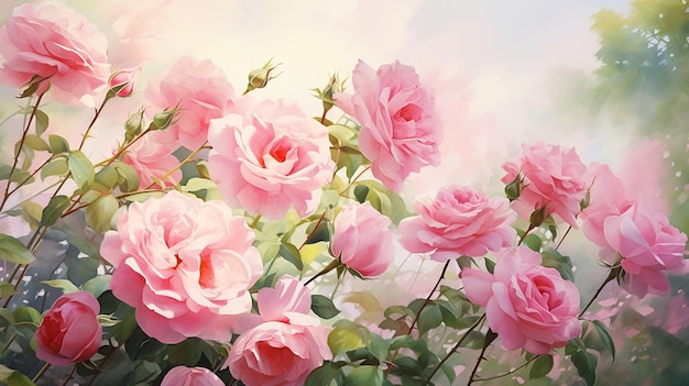 Peinture à l'aquarelle de roses dans un jardin d'été