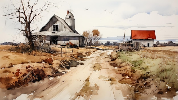 Peinture à l'aquarelle d'une route de campagne rustique et d'un chalet en bois