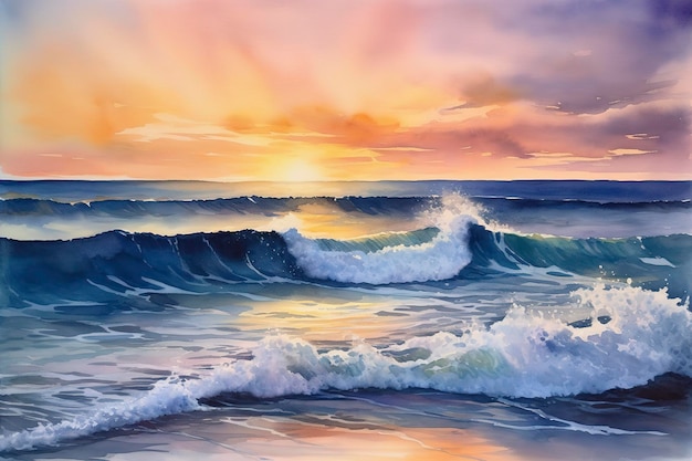 Peinture à l'aquarelle d'une scène côtière comprenant des vagues de plages de sable et un ciel coloré au lever ou au coucher du soleil génèrent de l'ai
