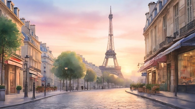 Peinture à l'aquarelle Une scène de rue parisienne romantique à l'aube avec un ciel pastel la tour Eiffel