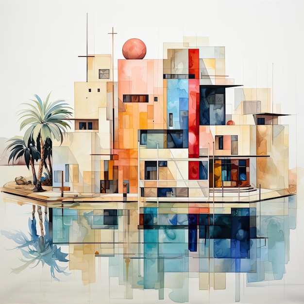 Peinture à l'aquarelle sereine de bâtiments et de palmiers