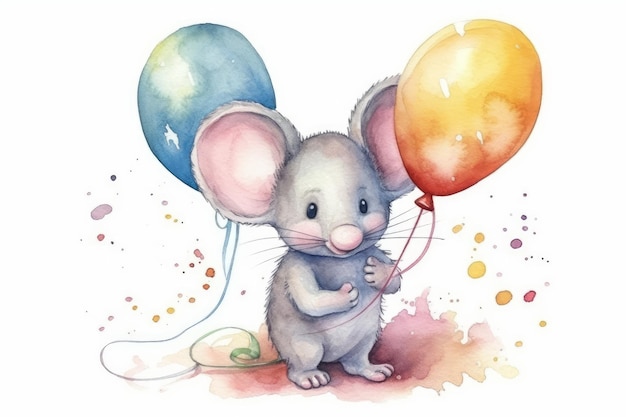 Peinture à l'aquarelle d'une souris tenant des ballons