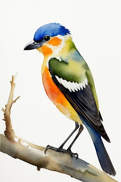 Peinture à l'aquarelle style d'encre d'oiseau coloré papier peint d'arrière-plan d'animal illustration debout sur la branche
