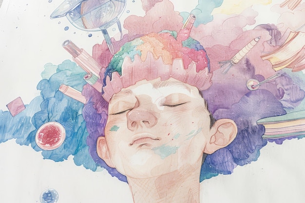 Peinture à l'aquarelle surréaliste d'une personne rêveuse avec des pensées et des visions colorées sortant de son esprit