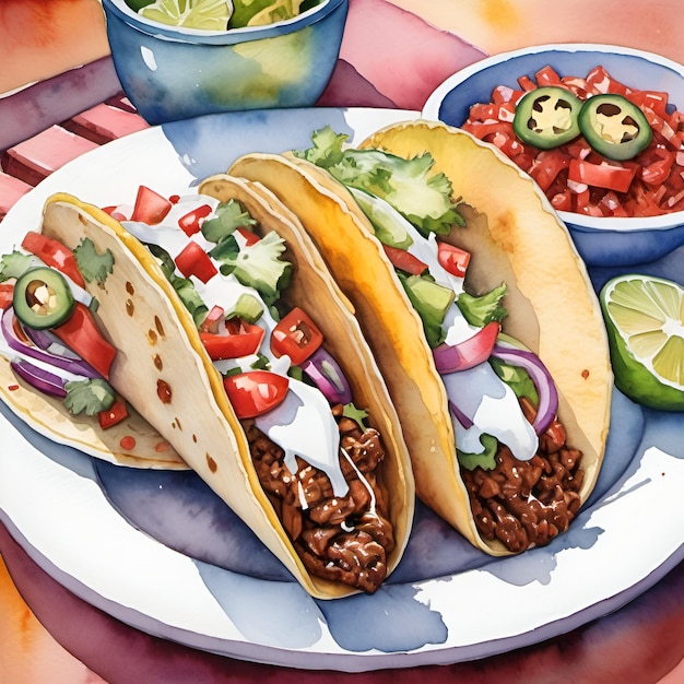 Peinture à l'aquarelle de tacos mexicains